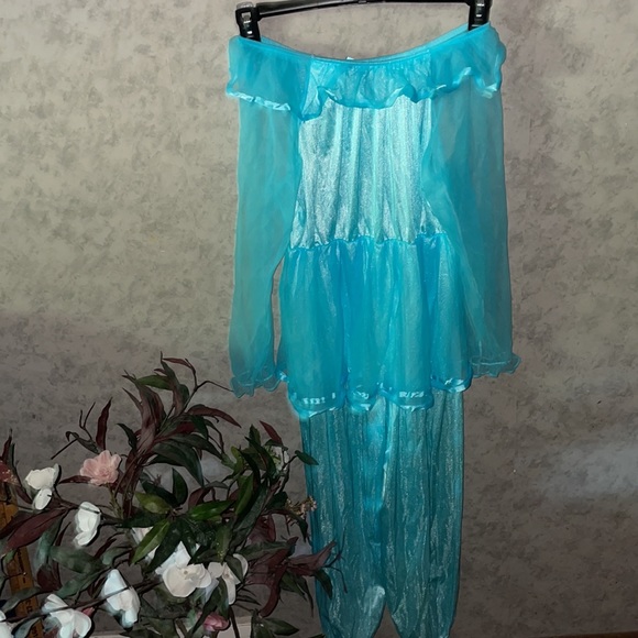 Big Girls Vintage 16 1/2 Aqua Blue Nylon One Piece Pantsuit - Picture 4 of 13